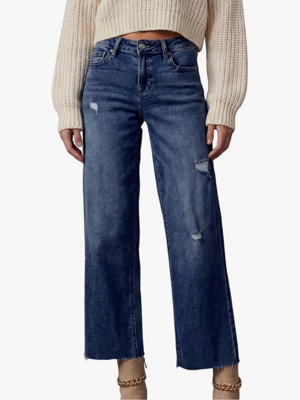 Wide Leg Distressed Women's Jeans - Dark Blue